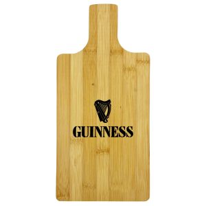 A bamboo chopping board with a handle and a logo design featuring a harp element in black.