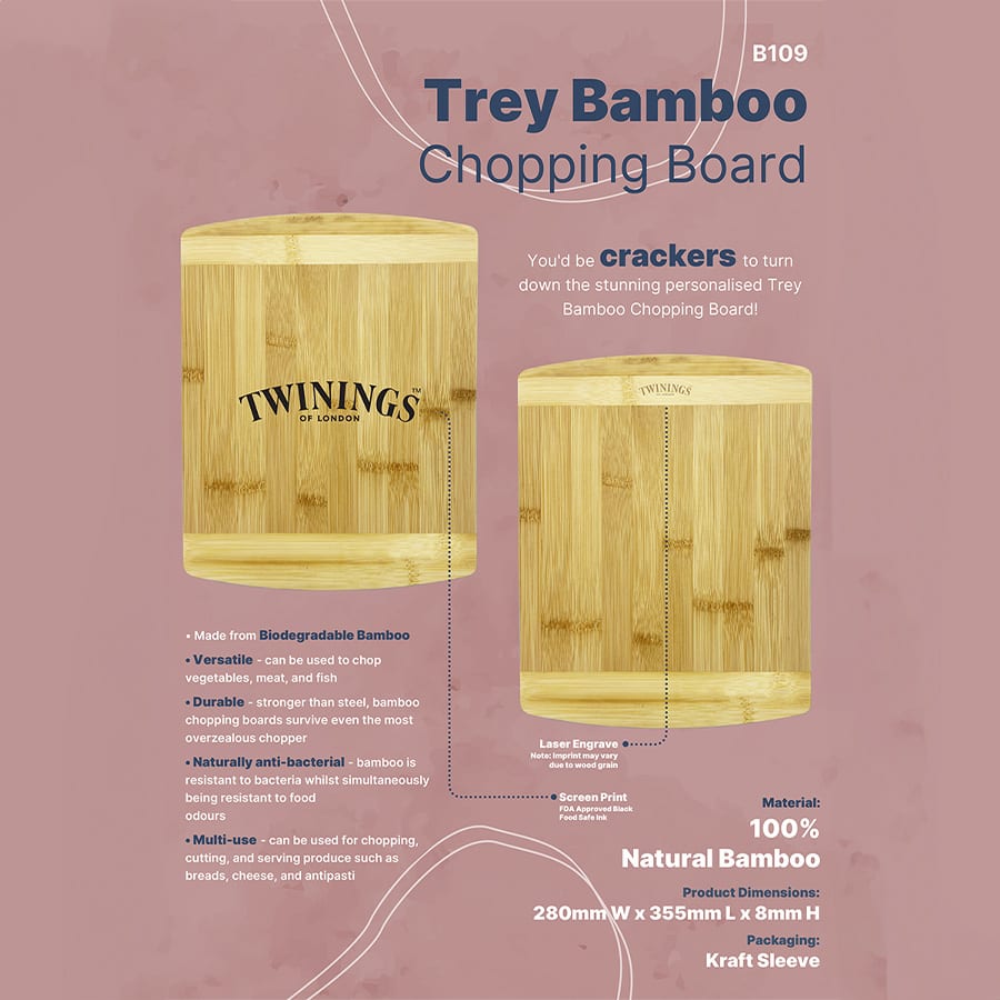 A natural bamboo chopping board featuring rounded edges and a single logo. It comes with a kraft sleeve packaging.