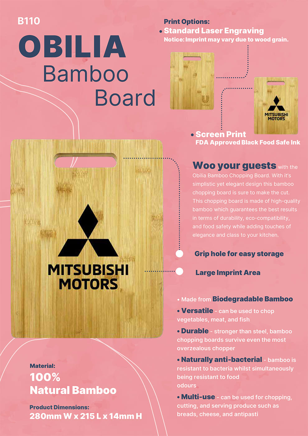 A bamboo chopping board featuring a handle and a logo. It has a natural wood finish and dimensions of 280mm x 215mm x 14mm.