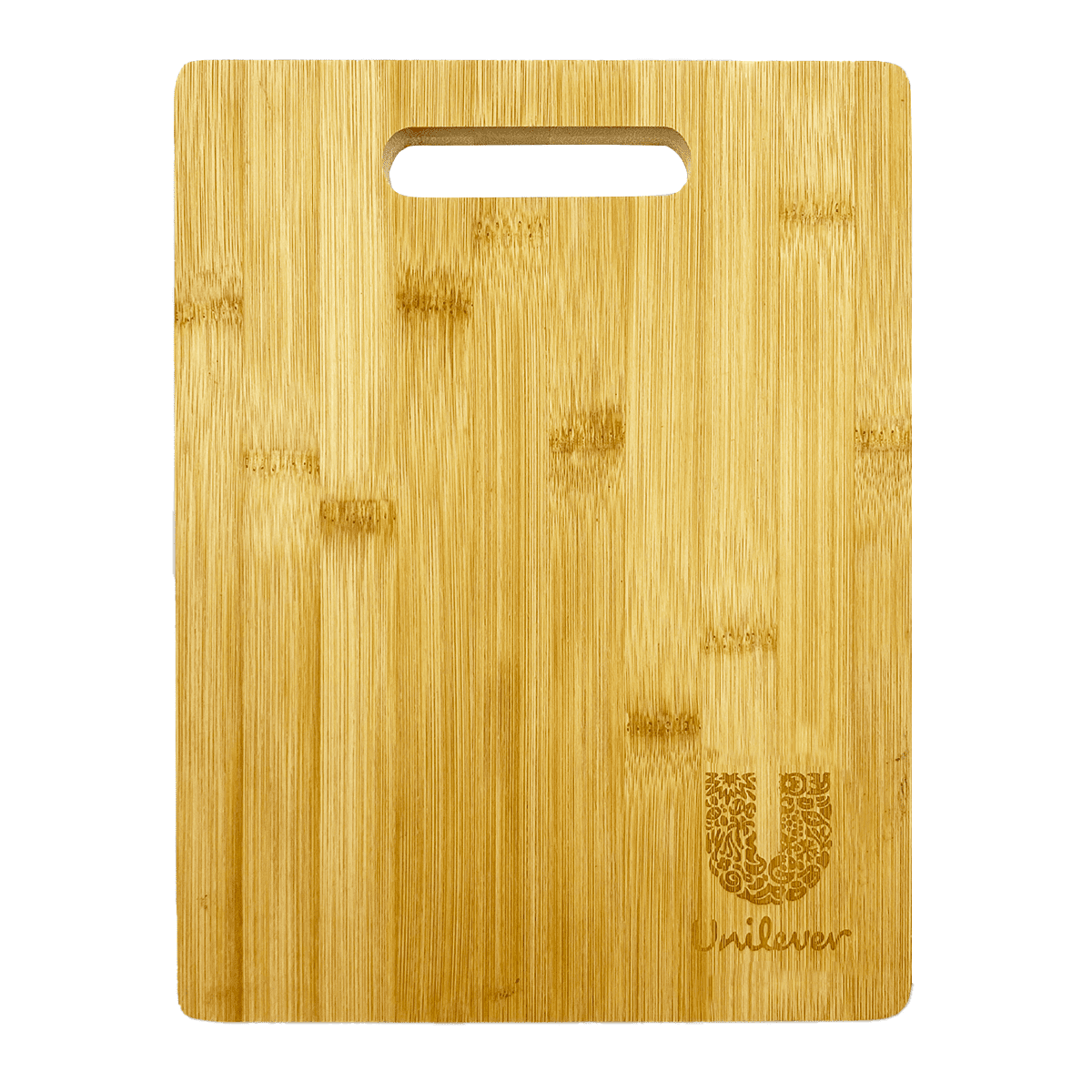 A bamboo chopping board with a handle and a logo, featuring a natural wood grain texture.
