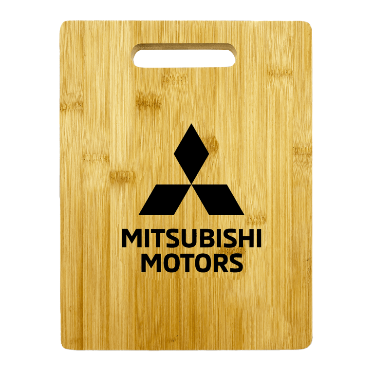 A bamboo chopping board featuring a handle and a logo in black. The board has a natural wood finish.