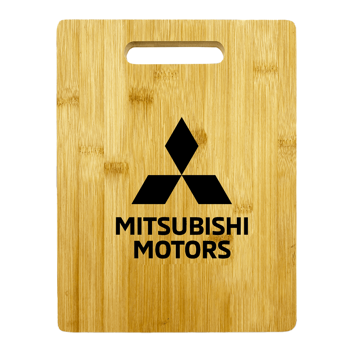 A bamboo chopping board featuring a handle and a logo in black. The board has a natural wood finish.