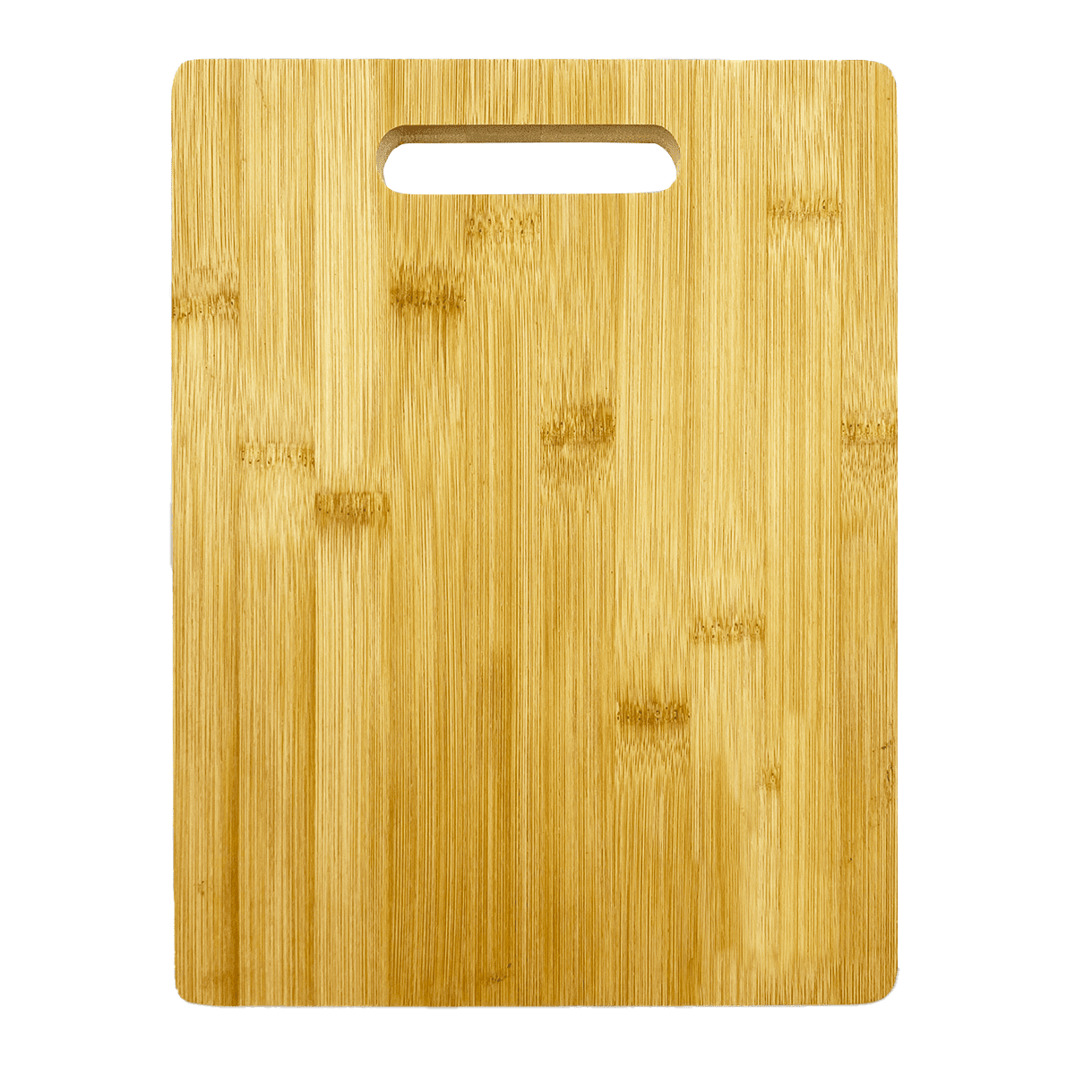 A bamboo chopping board with a handle, featuring a natural wood grain in light brown tones.