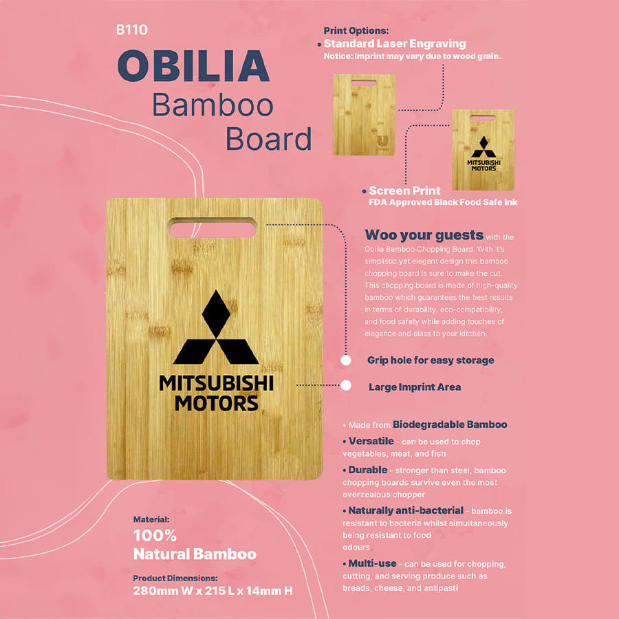 A bamboo chopping board featuring a handle, natural colour, and a logo. Includes information on material and dimensions.