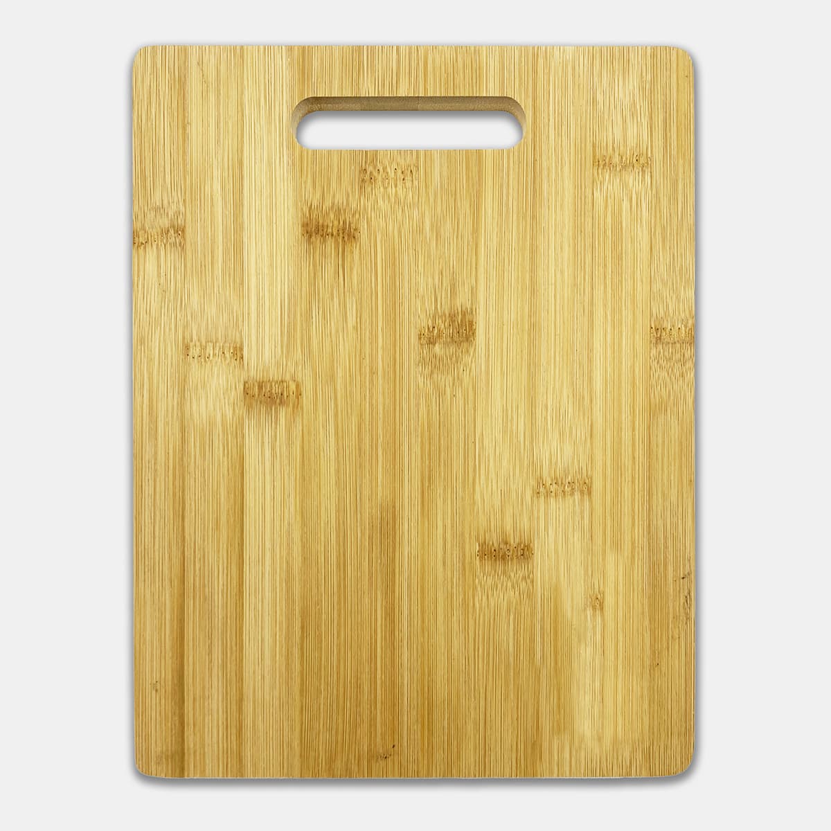 A bamboo chopping board with a smooth surface and a handle cutout, featuring a natural light brown colour.