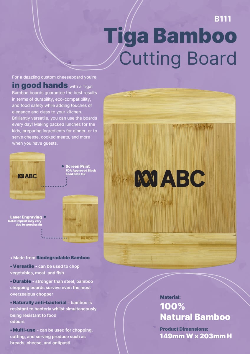 A Tiga Bamboo Cutting Board, made from natural bamboo, features a smooth surface and a logo, showcasing durability and style.