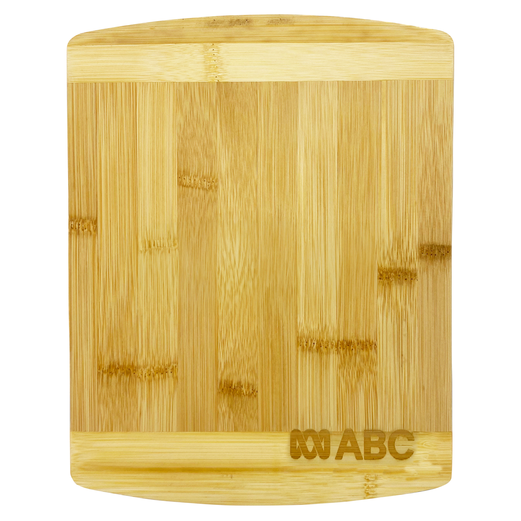 A bamboo cutting board with a smooth surface and rounded edges, featuring a logo in one corner.