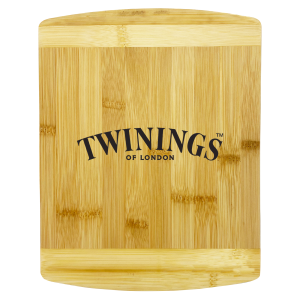 A bamboo cutting board with a smooth surface, featuring a logo. Its natural wood colour adds a warm touch.