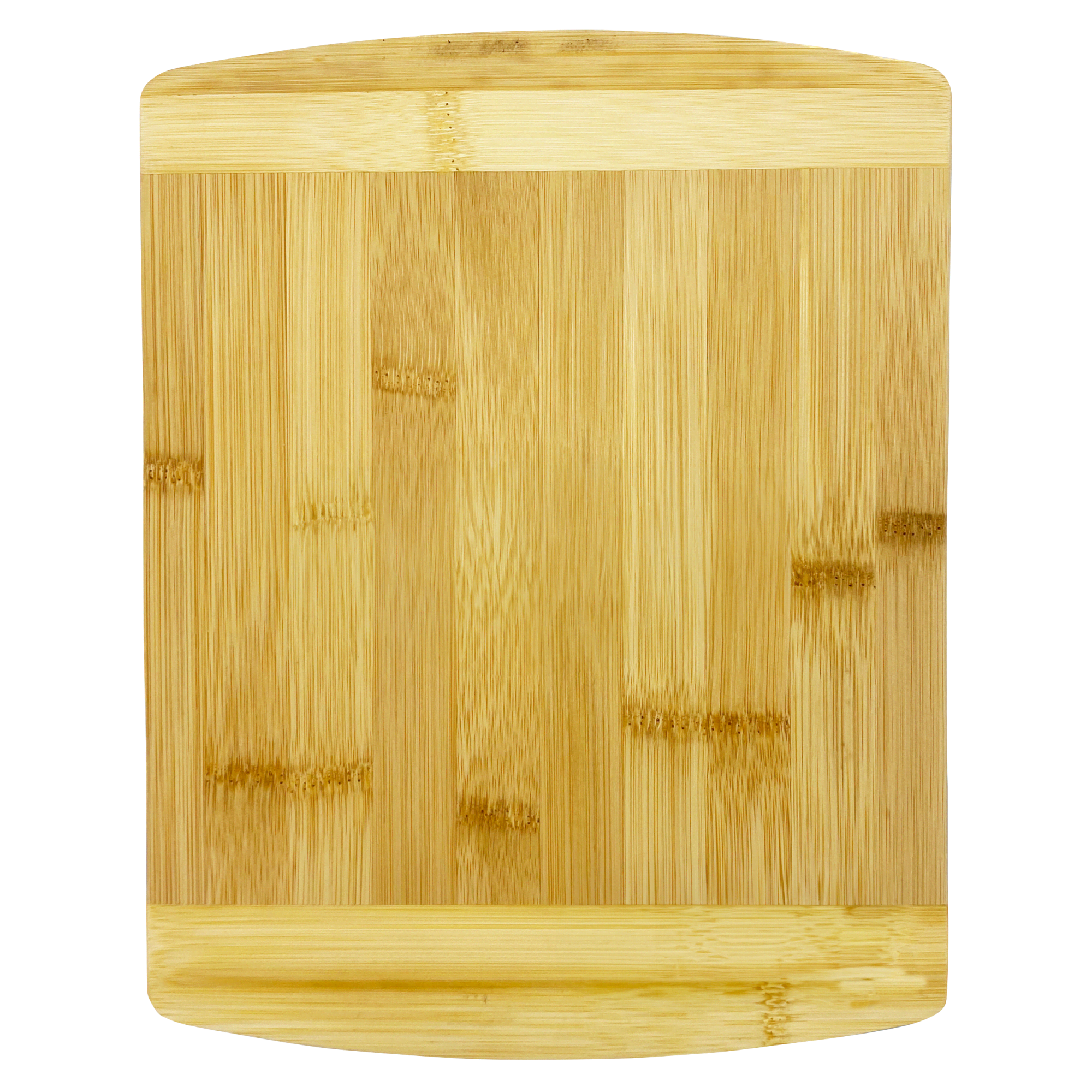 A bamboo cutting board with a smooth, light brown surface and rounded edges, featuring a subtle grain pattern.