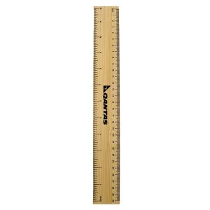 A bamboo ruler with black markings, featuring a logo, measuring 30 centimetres in length.