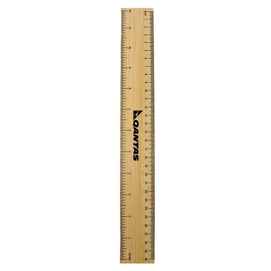 A bamboo ruler with black markings, featuring a logo, measuring 30 centimetres in length.