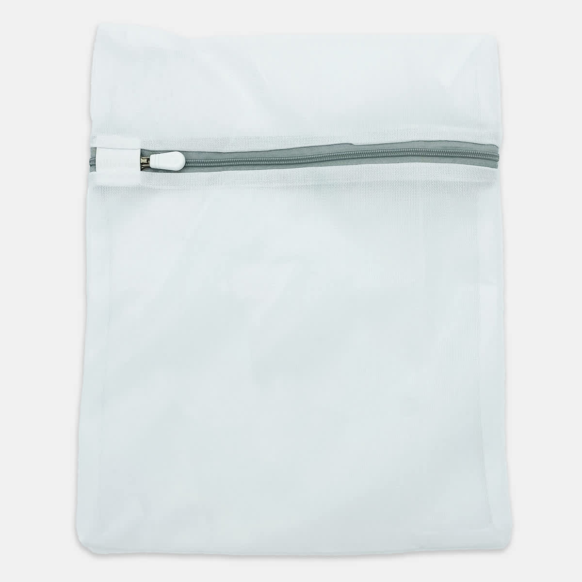 A white mesh laundry bag with a zip closure and a simple design, featuring a logo on the front.