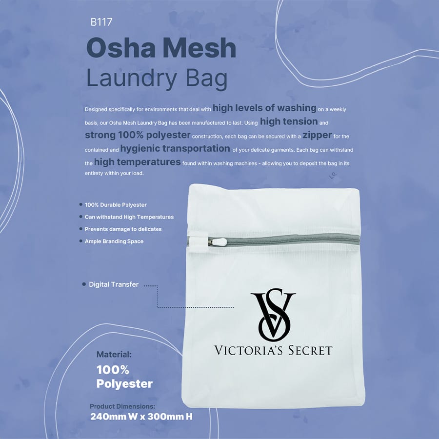 A mesh laundry bag in white, featuring a zip and a logo, made of durable polyester, suitable for high temperatures.