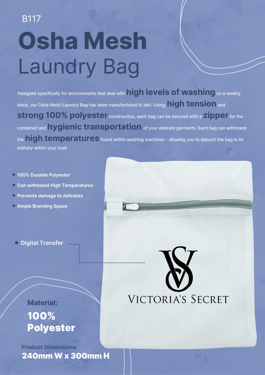 A laundry bag in white mesh with a zip closure, featuring a logo and made of durable polyester.