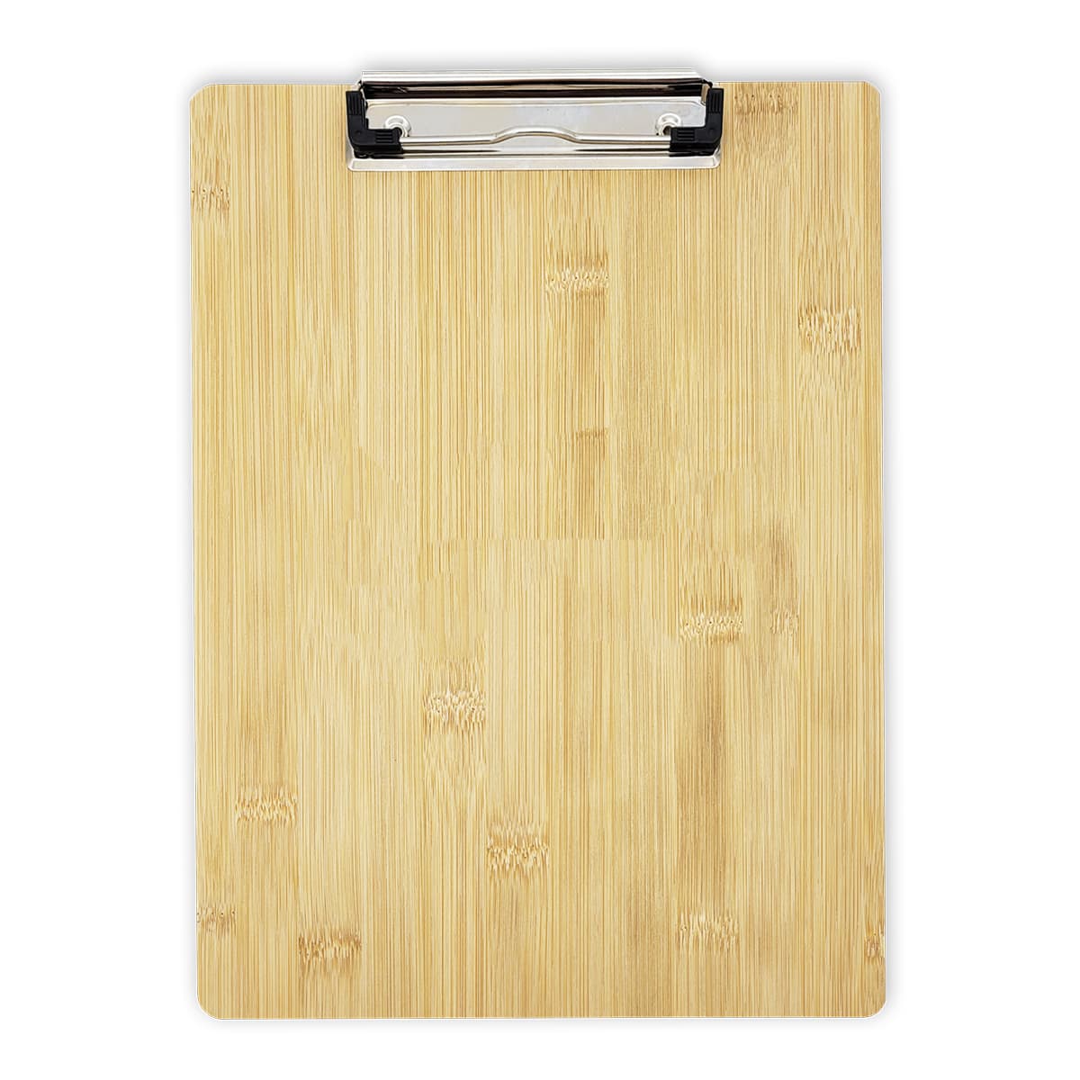 A bamboo clipboard with a silver clip, featuring a natural wood finish and a smooth surface.