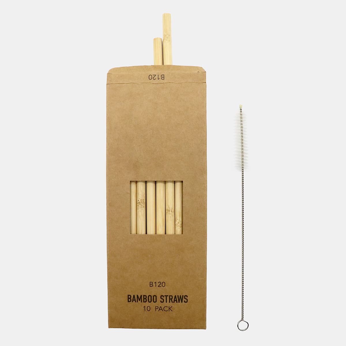 A pack of ten natural bamboo straws in a kraft paper box, accompanied by a cleaning brush.