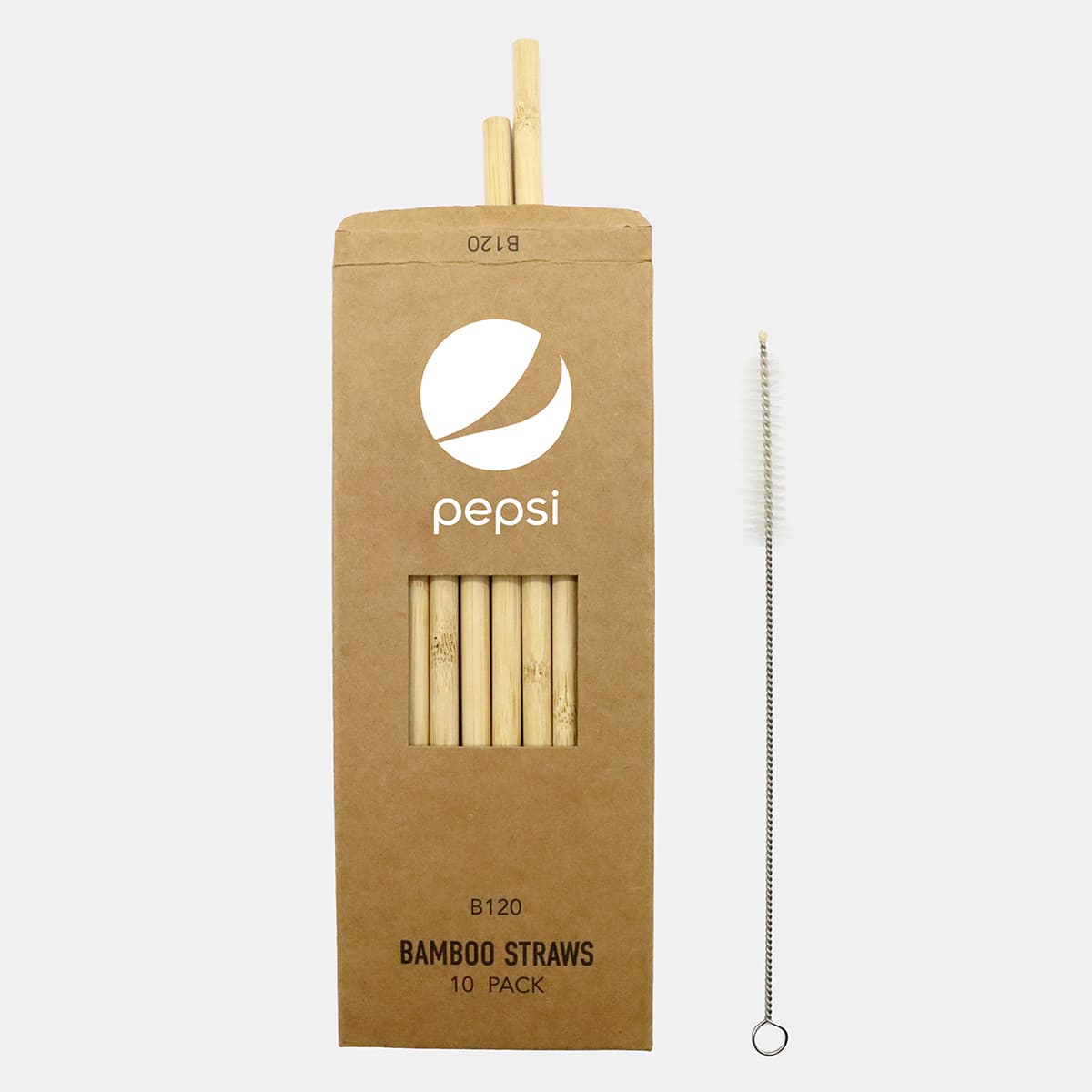 A box containing ten natural bamboo straws and a cleaning brush, with a logo on the packaging.