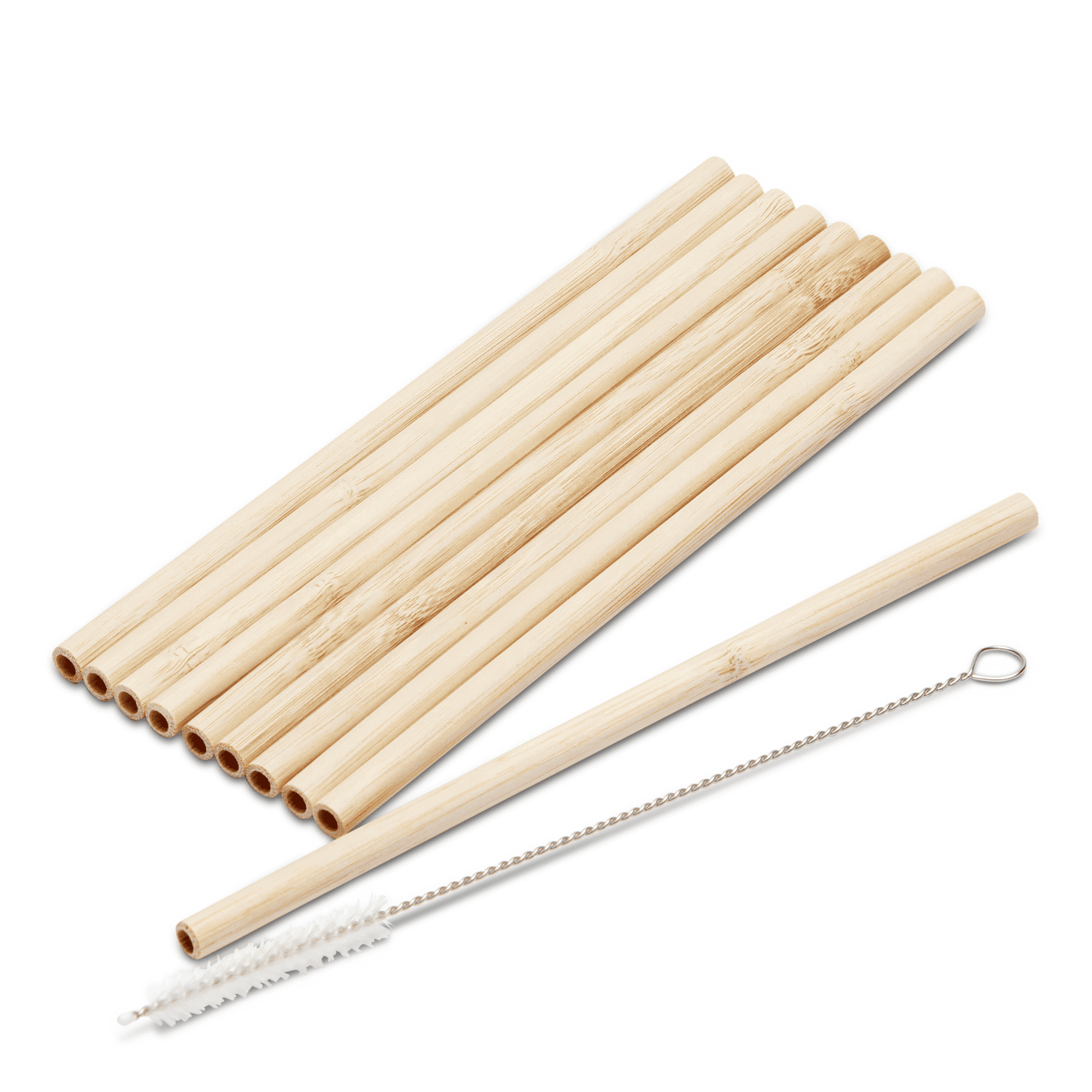 A set of bamboo straws in a natural colour, accompanied by a cleaning brush. A logo is also visible.
