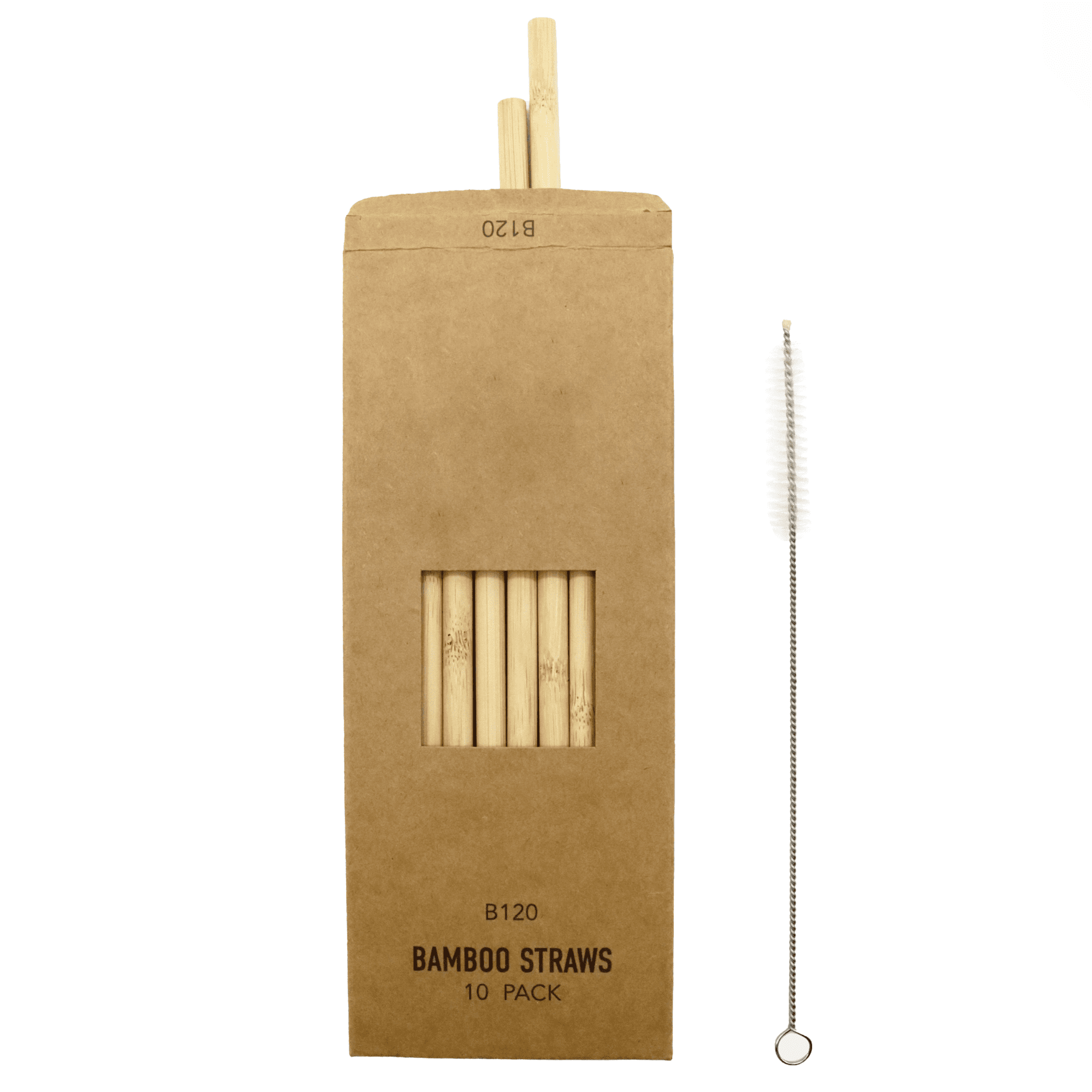 A pack of ten bamboo straws in a brown cardboard box, accompanied by a cleaning brush.