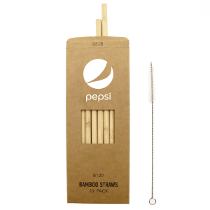 A pack of ten natural bamboo straws in a brown cardboard box, with a cleaning brush included.