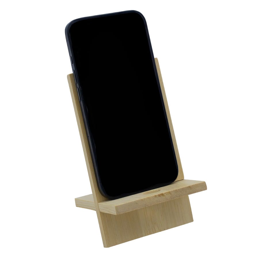 A bamboo phone stand displaying a smartphone in a vertical position, featuring a simple and minimalistic design.
