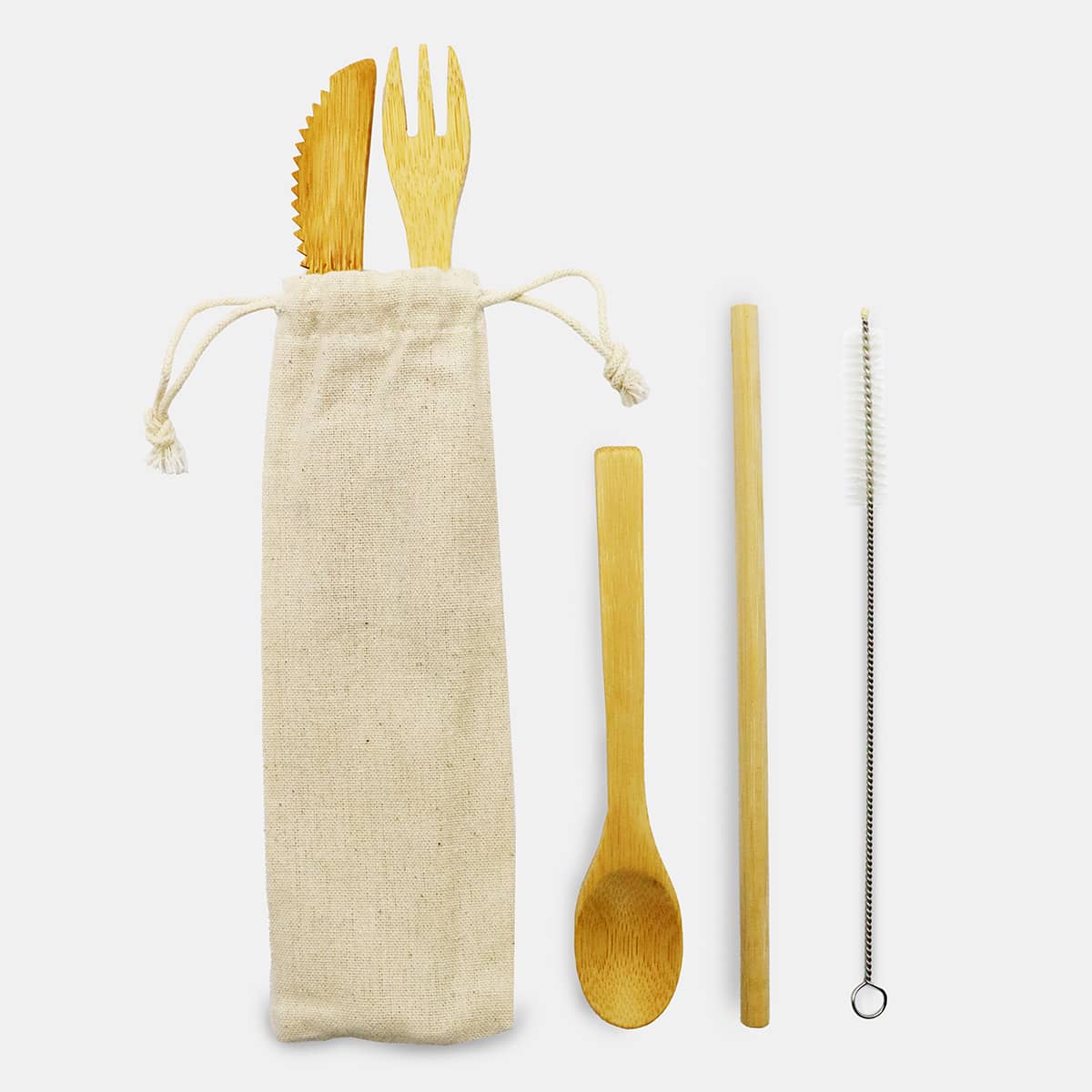 A bamboo cutlery set featuring a knife, fork, spoon, straw, and cleaning brush, packaged in a natural cloth bag.