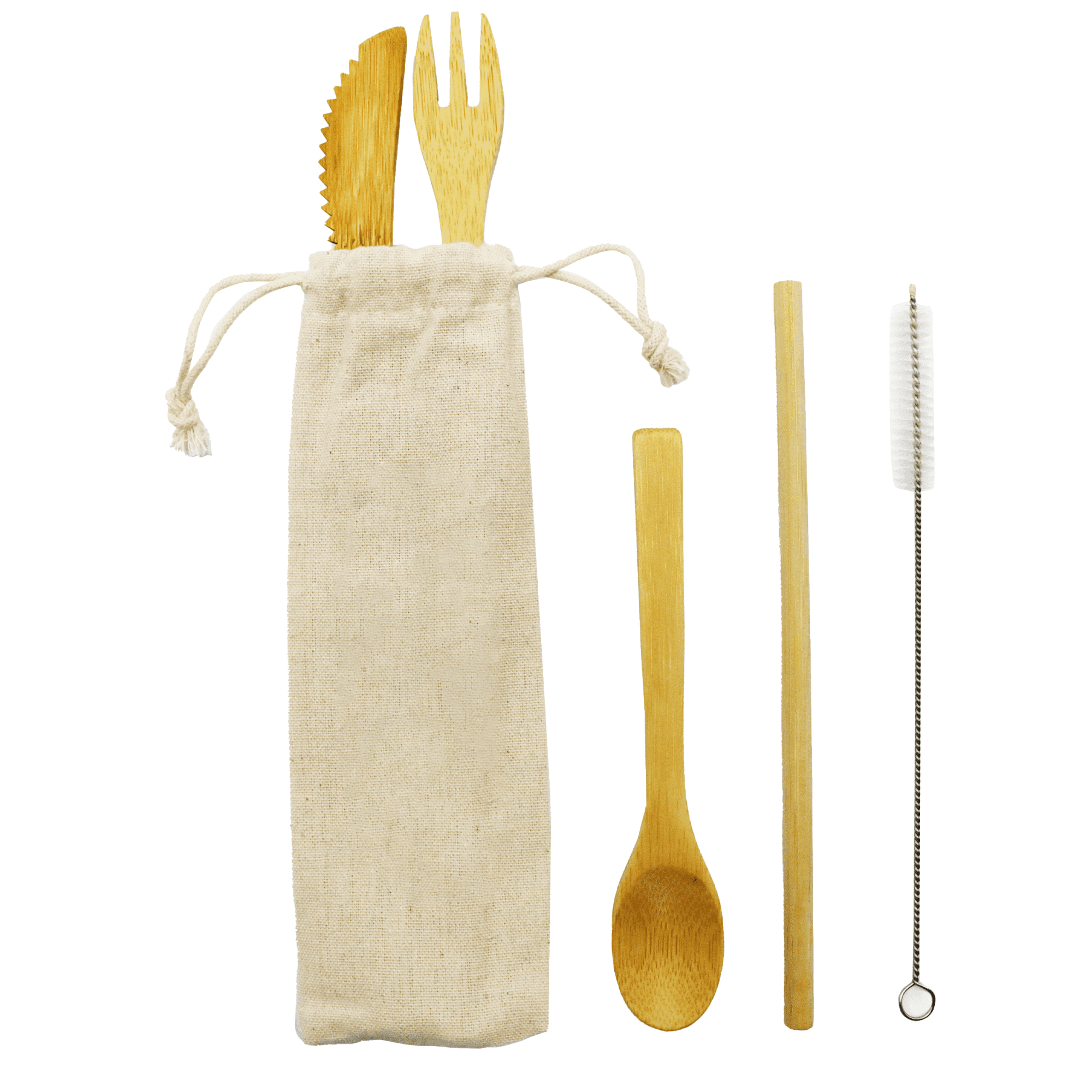 A bamboo cutlery set including a knife, fork, spoon, straw, and a cleaning brush, all stored in a beige pouch.