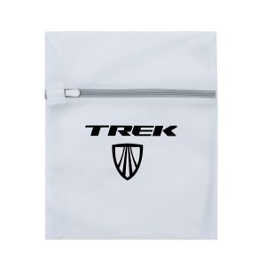 A white laundry bag with a zip, featuring a logo on the front.