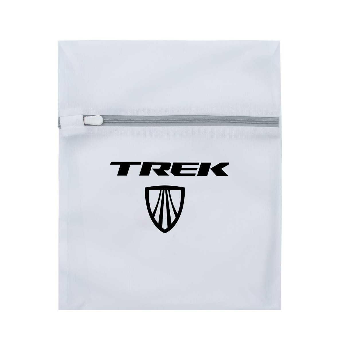 A white laundry bag with a zip, featuring a logo on the front.