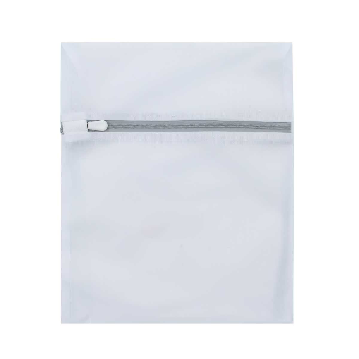 A white laundry bag with a grey zipper, featuring a branding logo on the front.