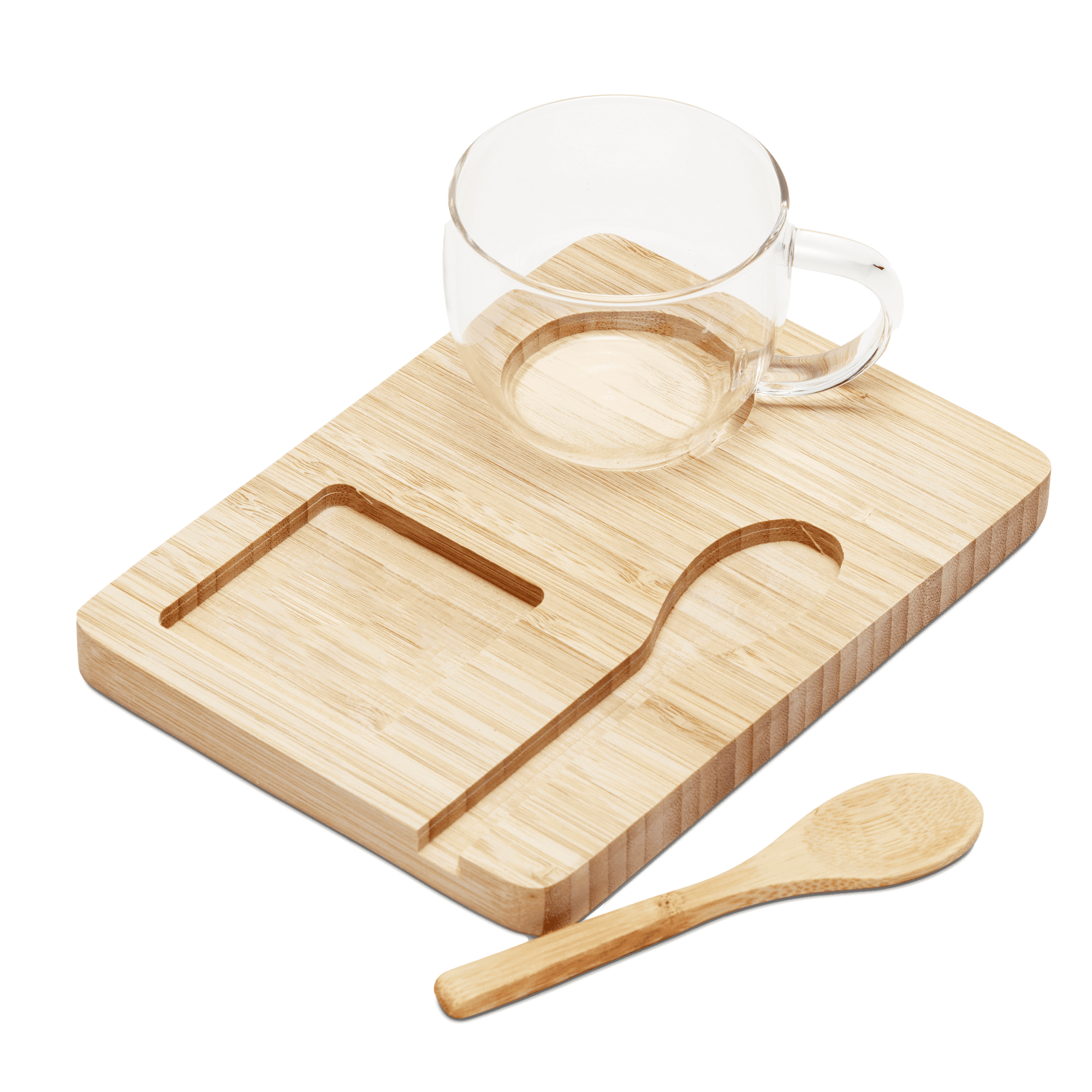 A bamboo tray with a clear glass cup and a wooden spoon. The set is minimalistic and natural in style.