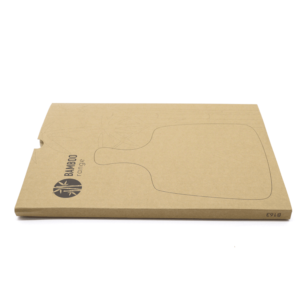 A bamboo cheeseboard and knife set in eco-friendly packaging featuring a simple design and branding.