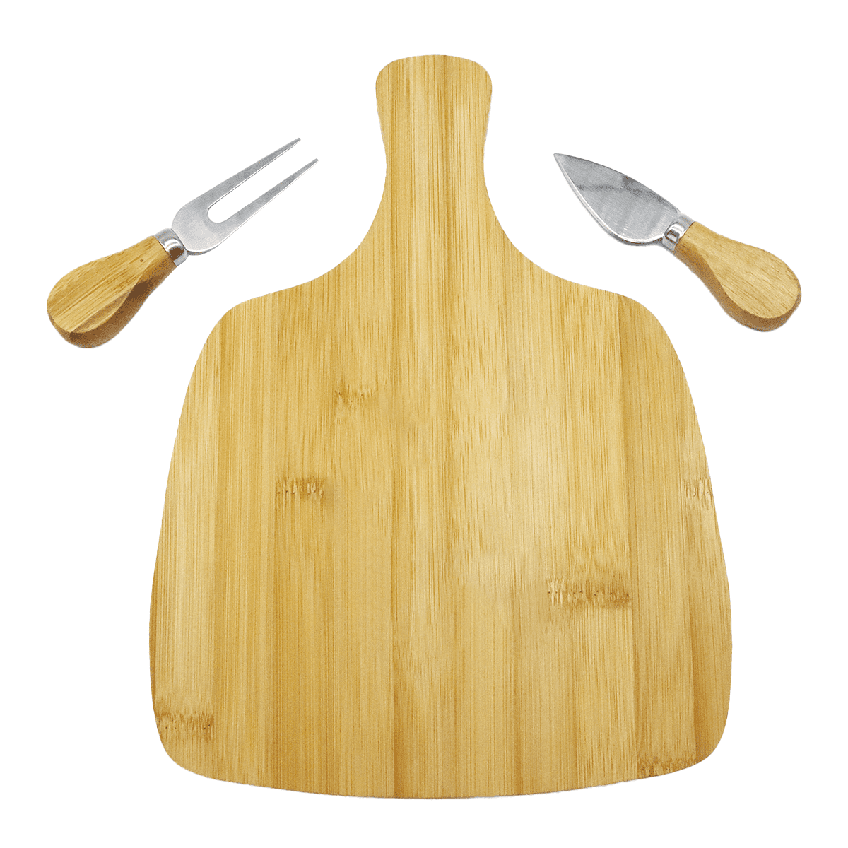 A bamboo cheeseboard in a unique shape with a cheese knife and fork, both featuring wooden handles.