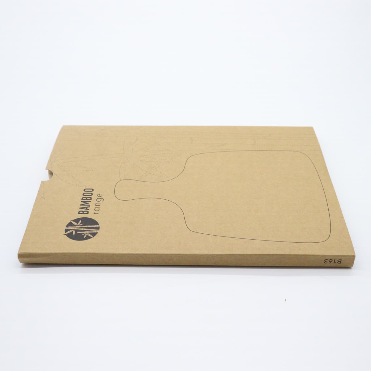 A bamboo cheeseboard set with a knife, packaged in a brown cardboard box featuring a logo.