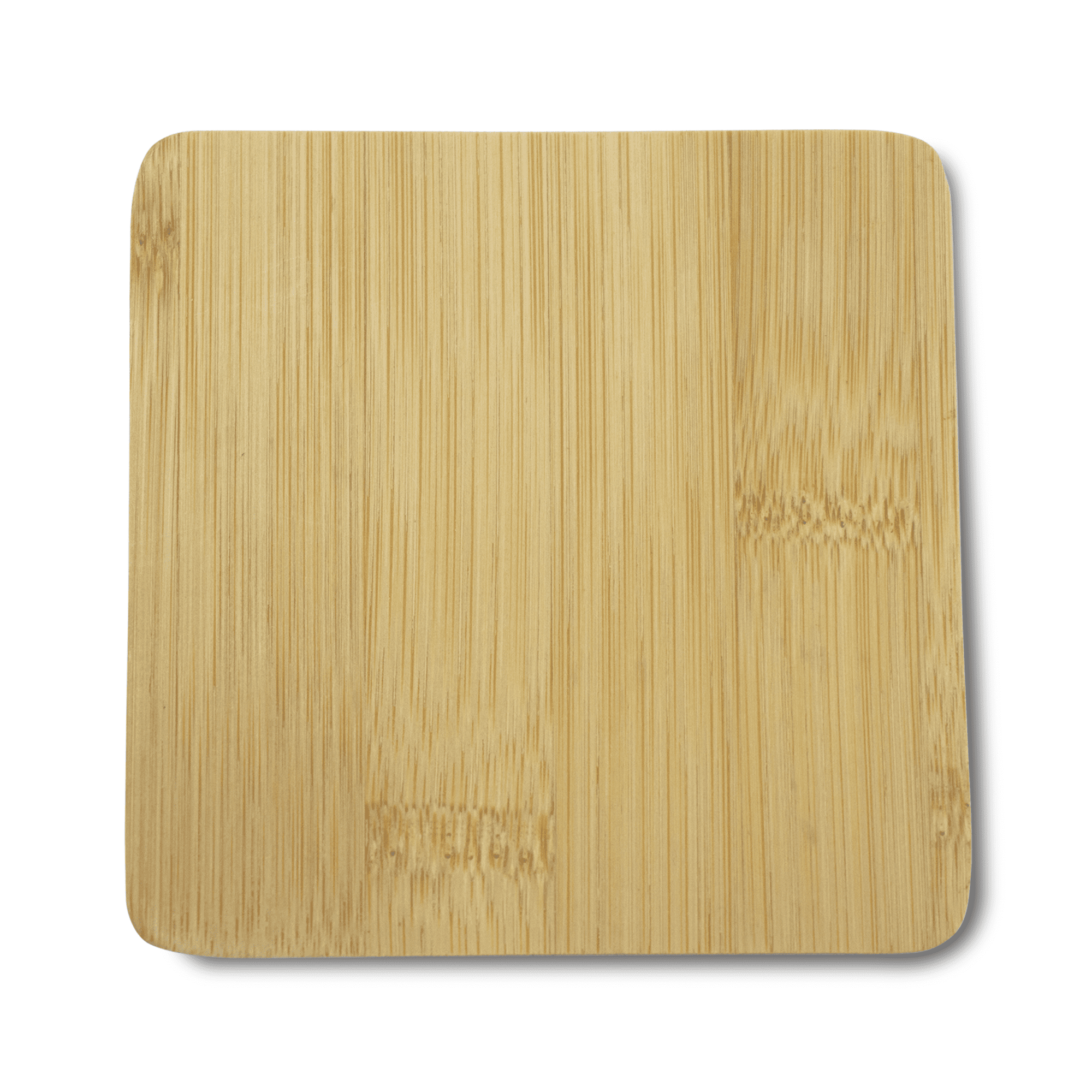 A square bamboo coaster in light brown, featuring a smooth, natural wood grain texture.