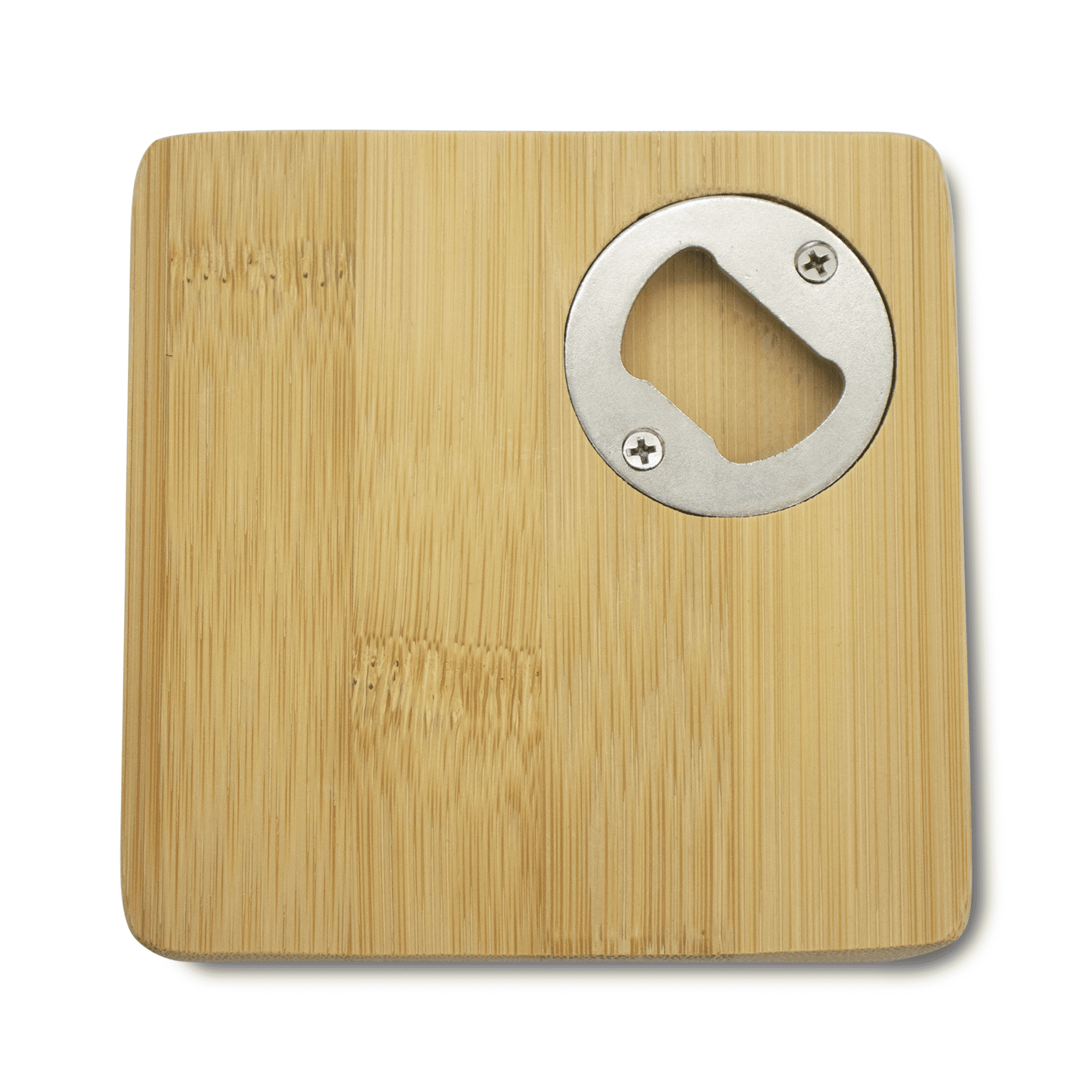 A square bamboo coaster featuring a circular bottle opener, showcasing natural wood texture.