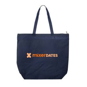 A navy tote bag with two handles and a logo prominently displayed on the front.