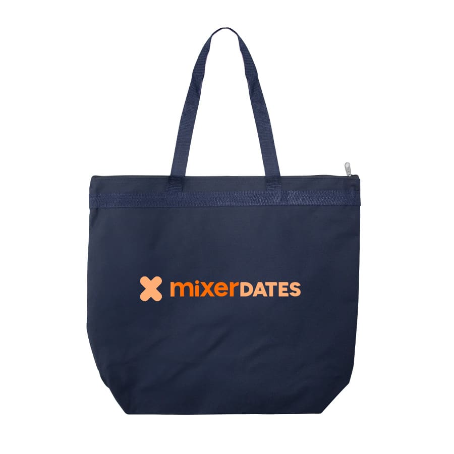 A navy tote bag with two handles and a logo prominently displayed on the front.