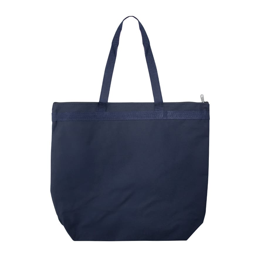 A navy tote bag with two handles and a zippered closure, featuring a branding logo.