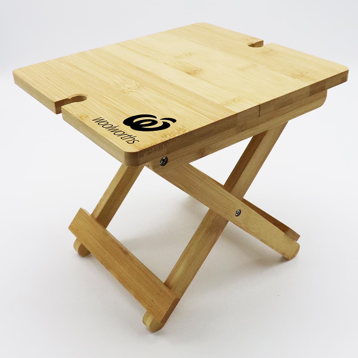 A bamboo folding table with a natural finish and a simple design, featuring a logo on one side.