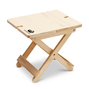 A bamboo folding table with a natural finish and a logo, featuring a simple design and cross-legged support.