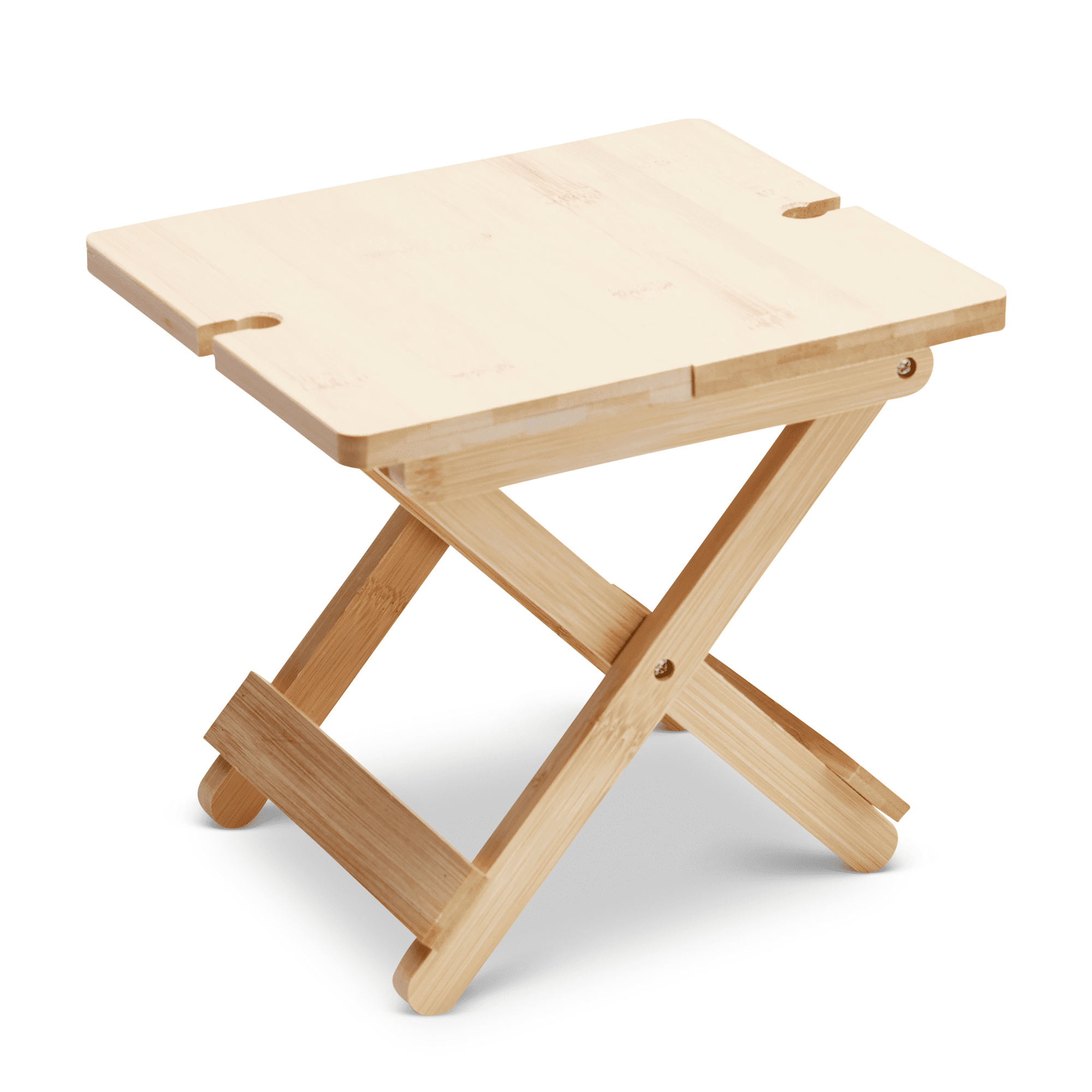 A bamboo folding table with a light wood finish and a cross-legged design, featuring cut-out handles on the top.