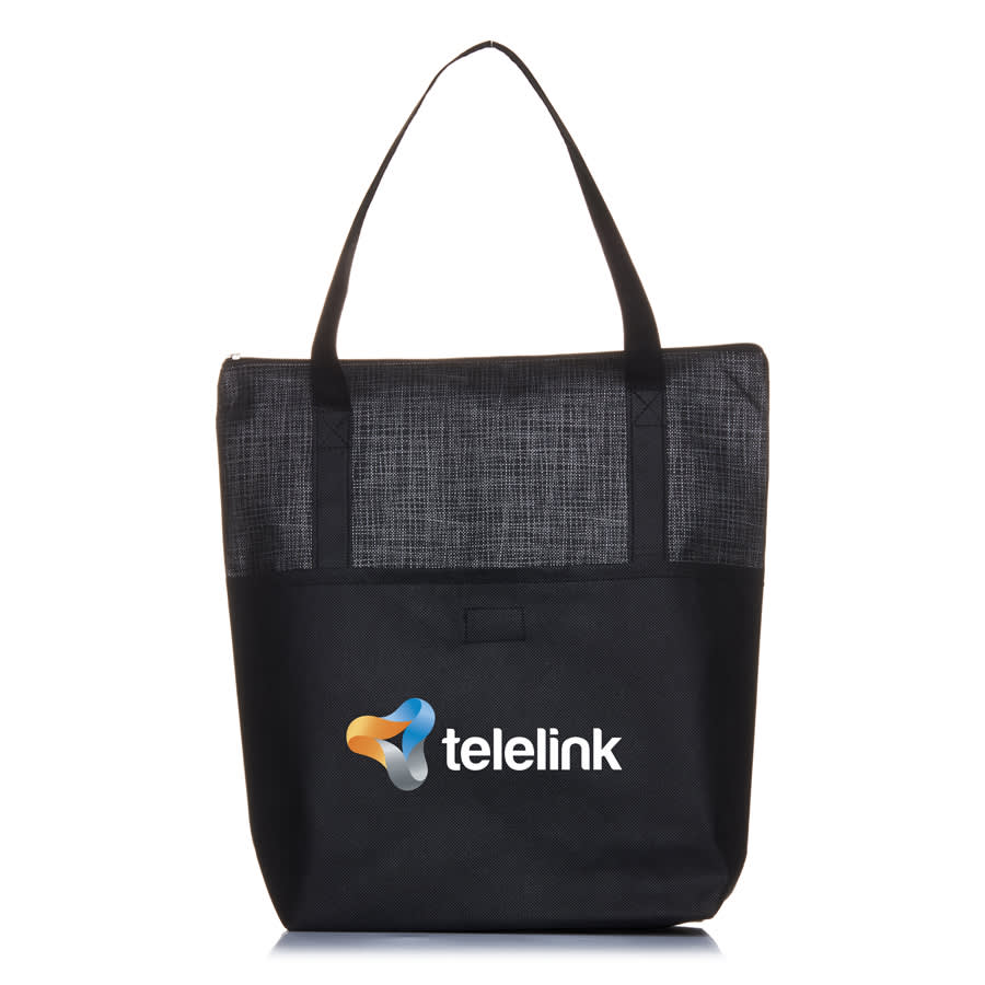 A crosshatch tote bag in black with a textured grey panel and a logo on the front.