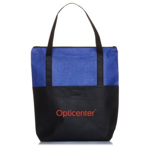 A tote bag featuring a blue and black design with double handles and a logo on the front.