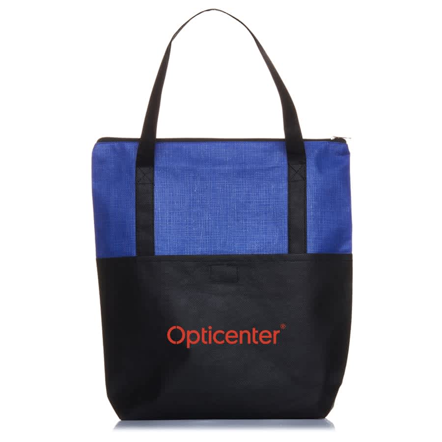 A tote bag featuring a blue and black design with double handles and a logo on the front.