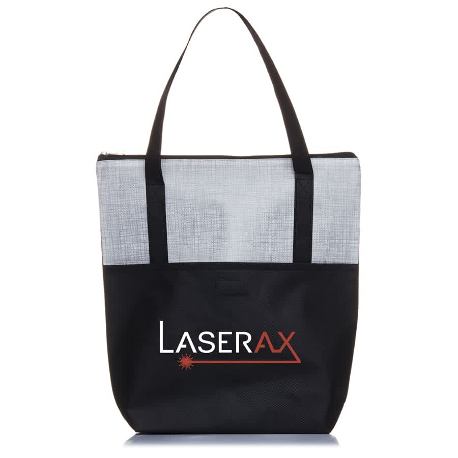 A tote bag featuring a grey crosshatch design and a black base, with a logo on the front.