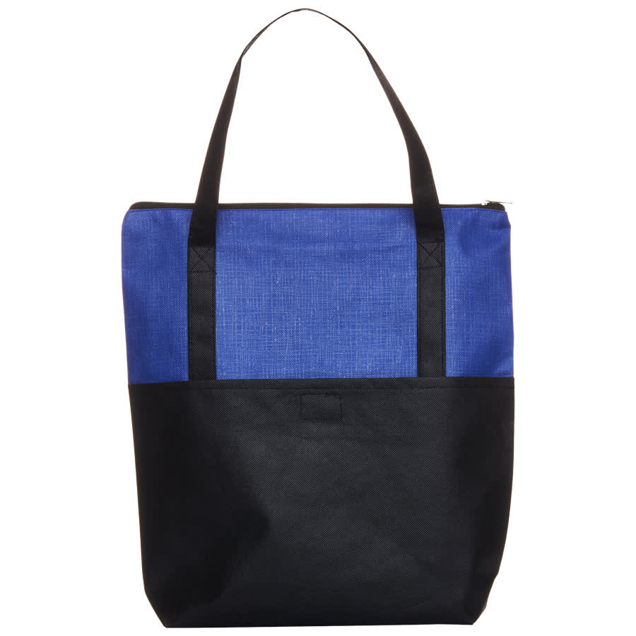 A tote bag featuring a blue upper section and a black base, with two black straps and a zip closure.