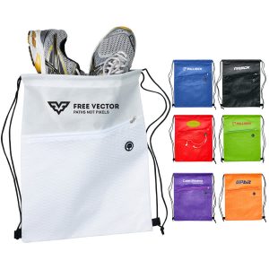A white drawstring bag with a logo, featuring a front pocket and assorted coloured versions, including green, orange, and black.