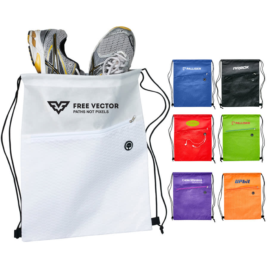 A white drawstring bag with a logo, featuring a front pocket and assorted coloured versions, including green, orange, and black.