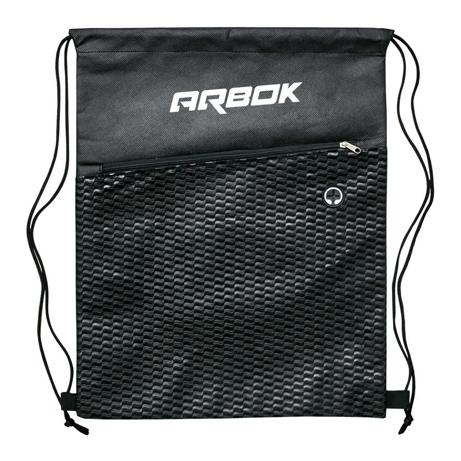 A black Waves Drawstring Bag with a textured pattern and a zippered pocket, featuring a logo.